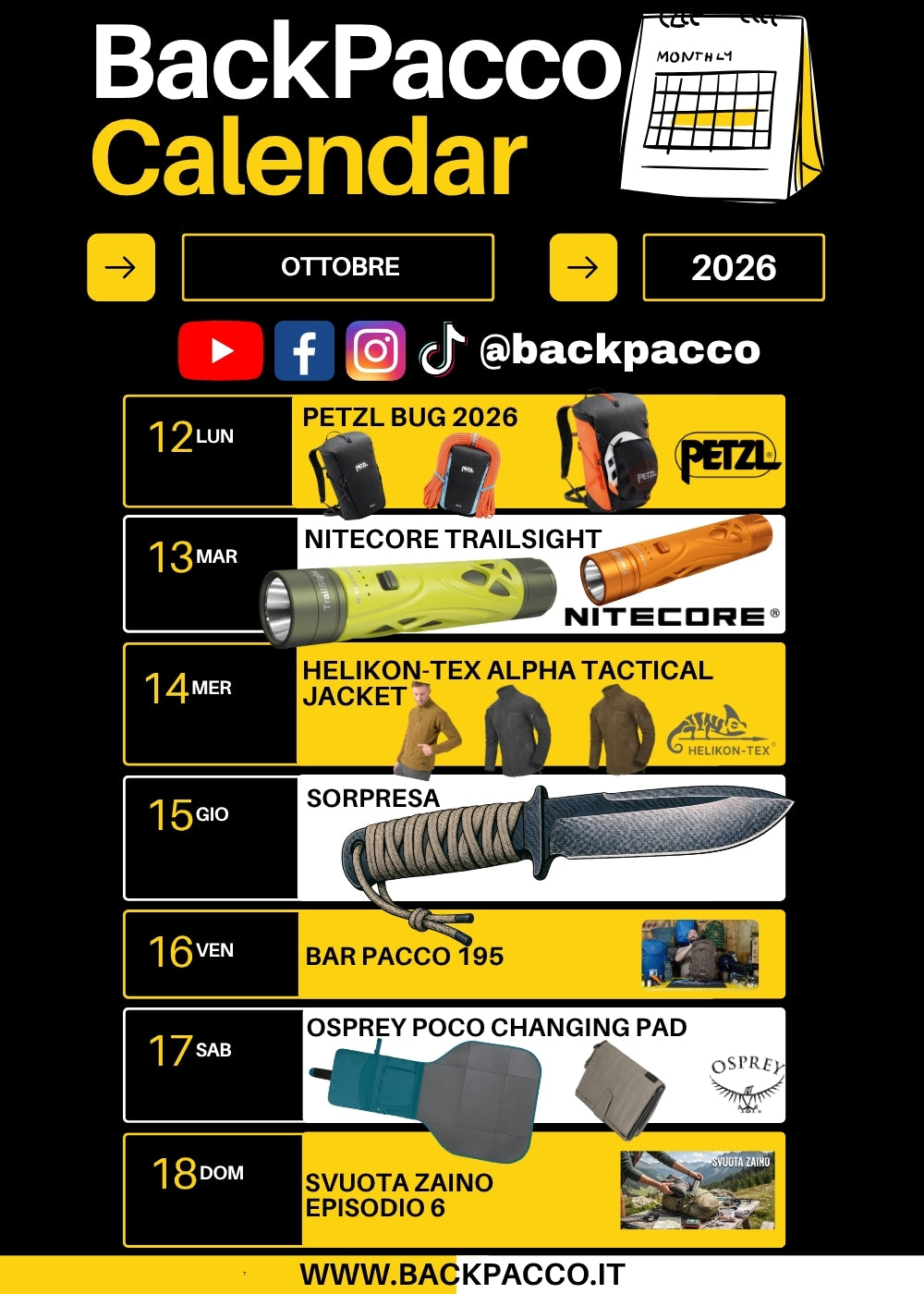 BackPacco Calendar Ottobre 2026 infografica programmazione settimanale con zaino Petzl Bug 2026, torcia Nitecore TrailSight, giacca Helikon-Tex Alpha Tactical, coltello a lama fissa, puntata Bar Pacco 195, fasciatoio Osprey Poco Changing Pad e video Svuota Zaino episodio 6