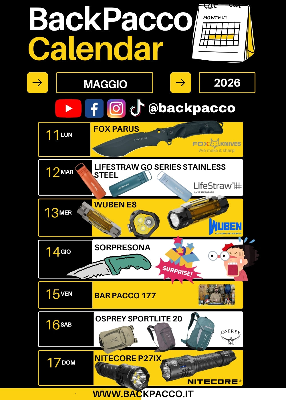 Calendario BackPacco Maggio 2026 con Fox Parus, LifeStraw Go Series Stainless Steel, Wuben E8, Osprey Sportlite 20, Nitecore P27iX e appuntamento Bar Pacco 177. Ogni giorno è un’avventura.