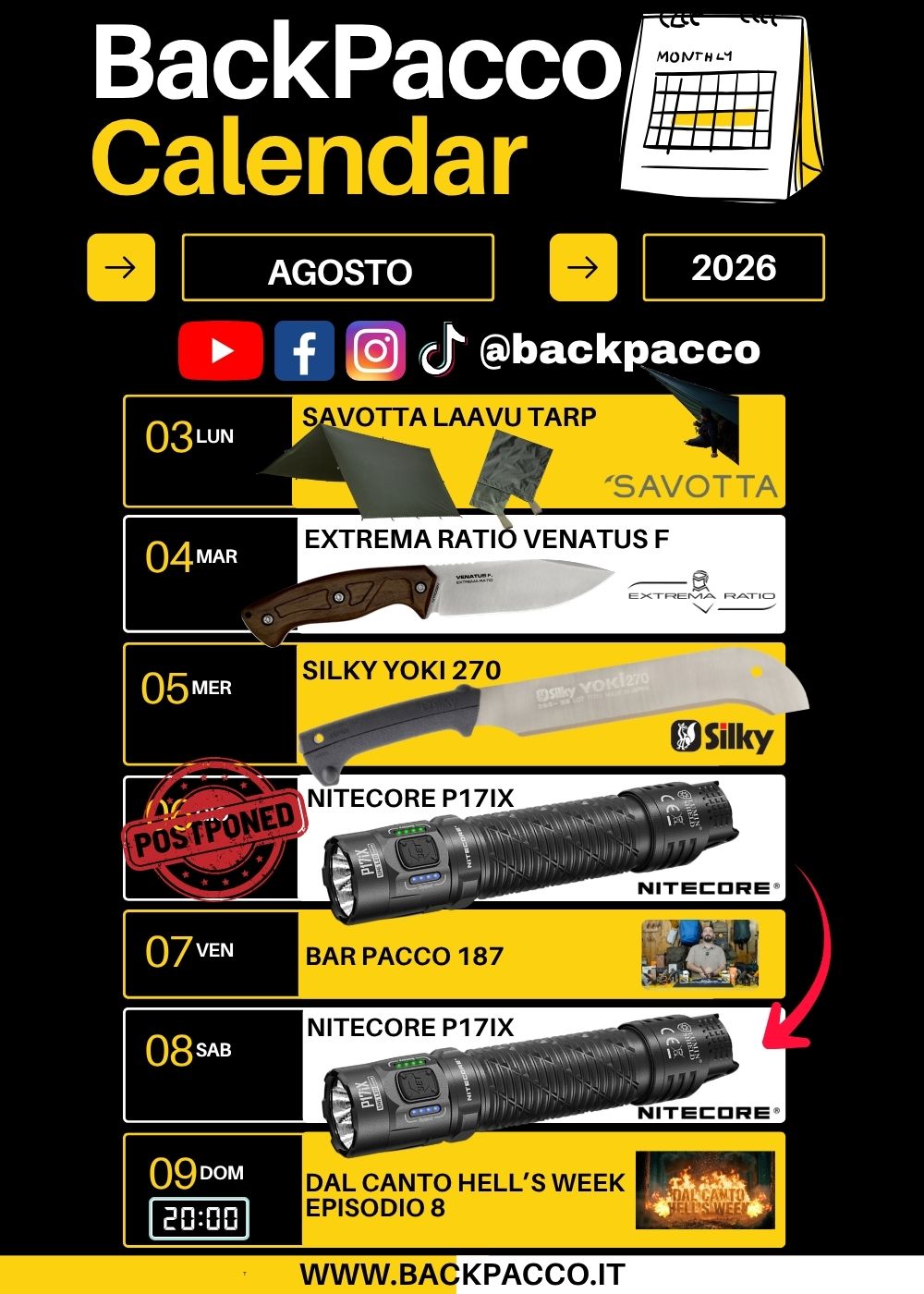 BackPacco Calendario Agosto 2026 Programmazione uscite attrezzatura outdoor Savotta Laavu Tarp, Extrema Ratio Venatus F, Silky Yoki 270, Nitecore P17iX e streaming Hell's Week. Ogni giorno è un'avventura.