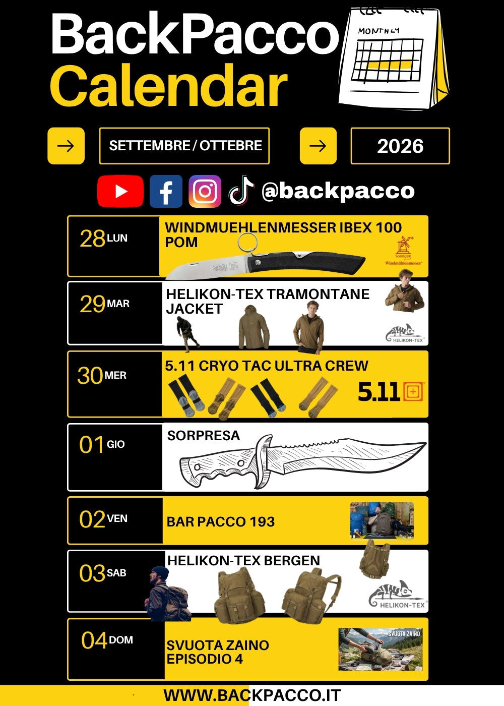 BackPacco Calendar Settembre Ottobre 2026 infografica programmazione uscite ed equipaggiamento outdoor con coltello Windmuehlenmesser Ibex 100 POM, giacca Helikon-Tex Tramontane, calze 5.11 Cryo Tac Ultra Crew, zaino Helikon-Tex Bergen e rubriche Bar Pacco e Svuota Zaino