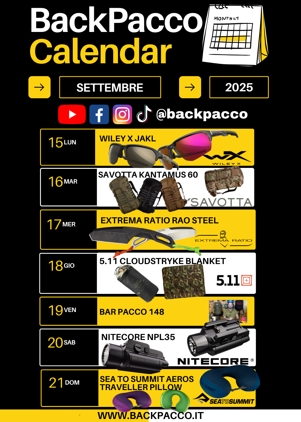 Calendario promozionale BackPacco dal 15 al 21 settembre 2025 con prodotti outdoor e tattici come il coltello a lama fissa EXTREMA RATIO RAO STEEL, occhiali WILEY X JAKL, torcia NITECORE NPL35 e zaino SAVOTTA KANTAMUS 60