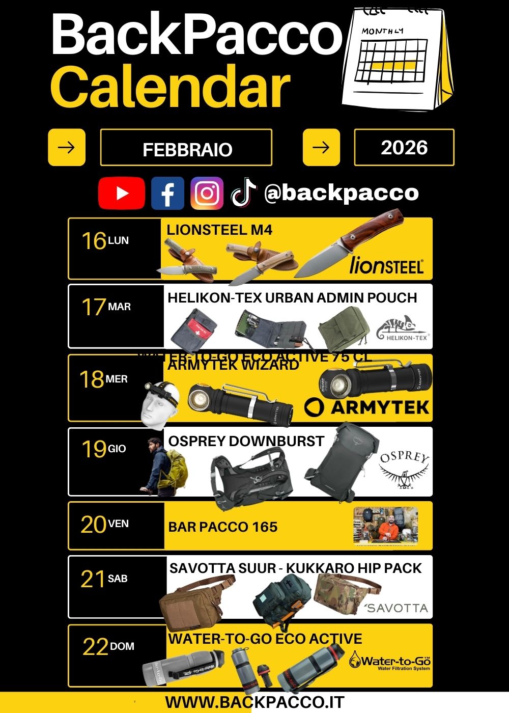 Calendario settimanale BackPacco Febbraio 2026 con Lionsteel M4, Helikon-Tex Urban Admin Pouch, Armytek Wizard, Osprey Downburst, Bar Pacco 165, Savotta Suur-Kukkaro Hip Pack e Water-to-Go Eco Active. Infografica con attrezzatura outdoor, bushcraft e trekking per ogni giorno della settimana.