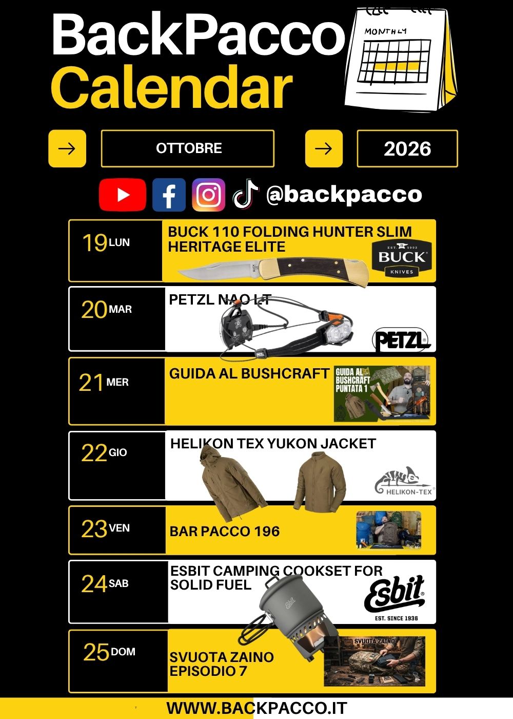 BackPacco Calendar Ottobre 2026 infografica programmazione settimanale con coltello Buck 110 Folding Hunter Slim Heritage Elite, lampada frontale Petzl Nao RL, giacca Helikon-Tex Yukon, gavetta Esbit Camping Cookset e rubriche video Bar Pacco, Guida al Bushcraft e Svuota Zaino Backpacco.it