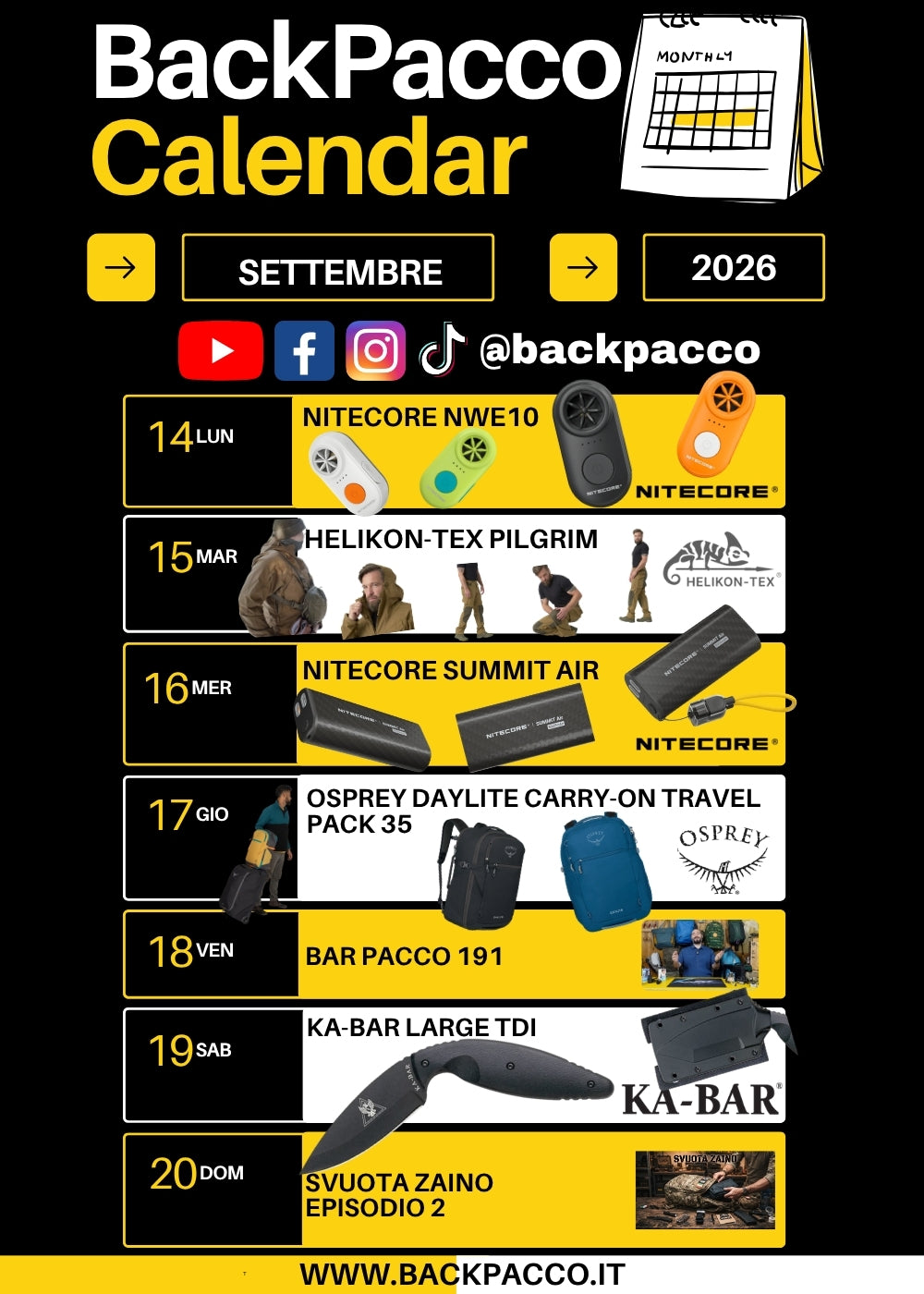 BackPacco Calendar Settembre 2026 con programmazione settimanale di equipaggiamento outdoor ed EDC tra cui Nitecore NWE10, Helikon-Tex Pilgrim, Nitecore Summit Air, Osprey Daylite Carry-On Travel Pack 35, Ka-Bar Large TDI e appuntamenti video Bar Pacco 191 e Svuota Zaino Episodio 2