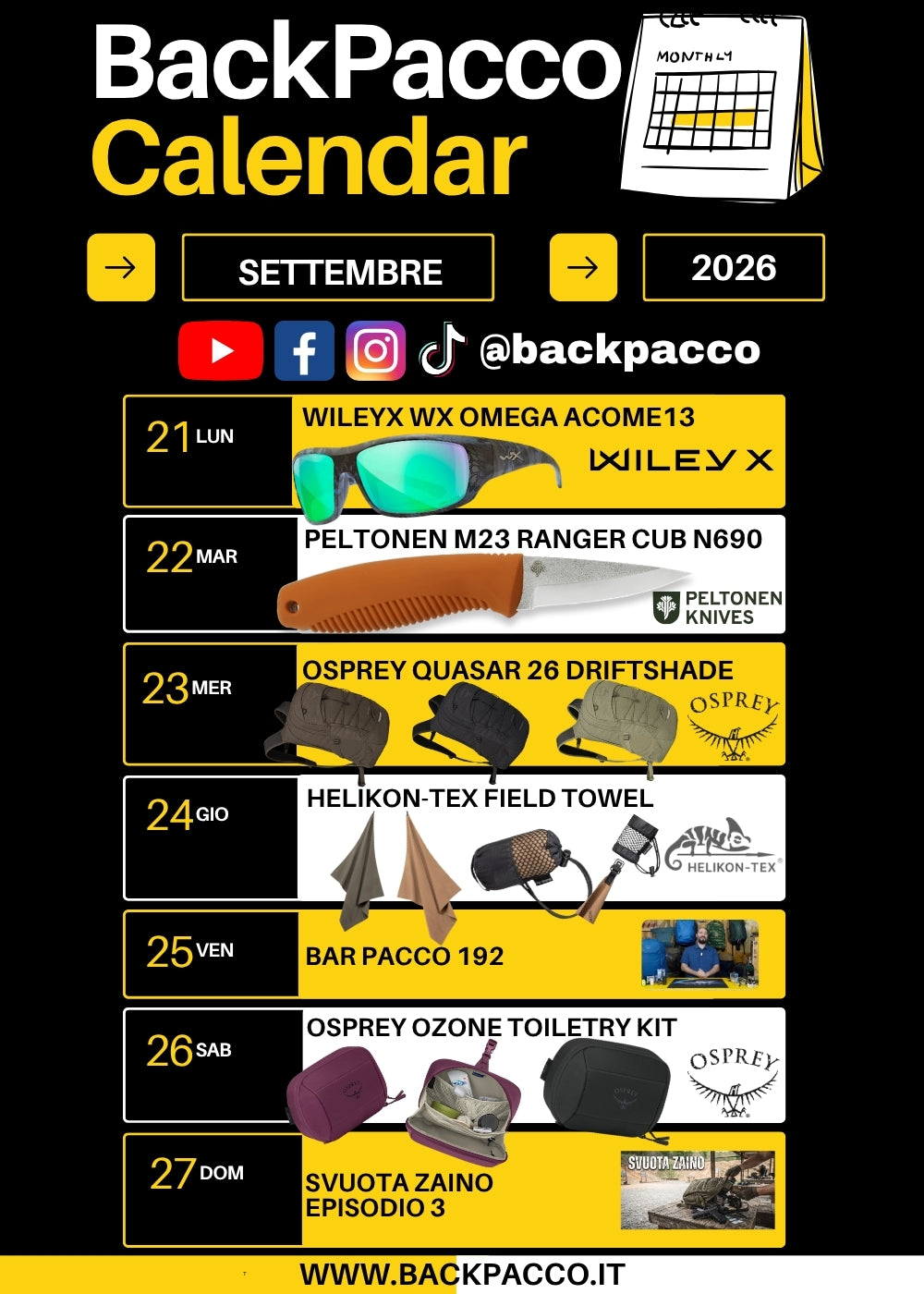 BackPacco Calendar Settembre 2026 infografica settimanale con occhiali balistici Wiley X WX Omega, coltello Peltonen M23 Ranger Cub N690, zaino Osprey Quasar 26 Driftshade, asciugamano Helikon-Tex Field Towel, trousse Osprey Ozone Toiletry Kit e rubriche video Bar Pacco 192 e Svuota Zaino Episodio 3