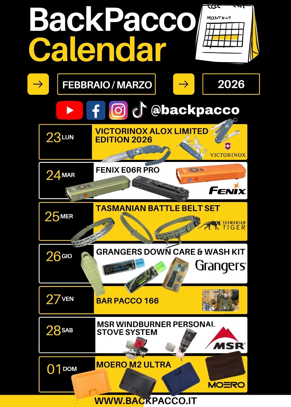 Bar Pacco 166 appuntamento video community. MSR WindBurner Personal stove system sistema di cottura rapida outdoor. Moero M2 Ultra portafoglio slim con protezione RFID e meccanismo di estrazione rapida delle carte. Calendario BackPacco Febbraio Marzo 2026.