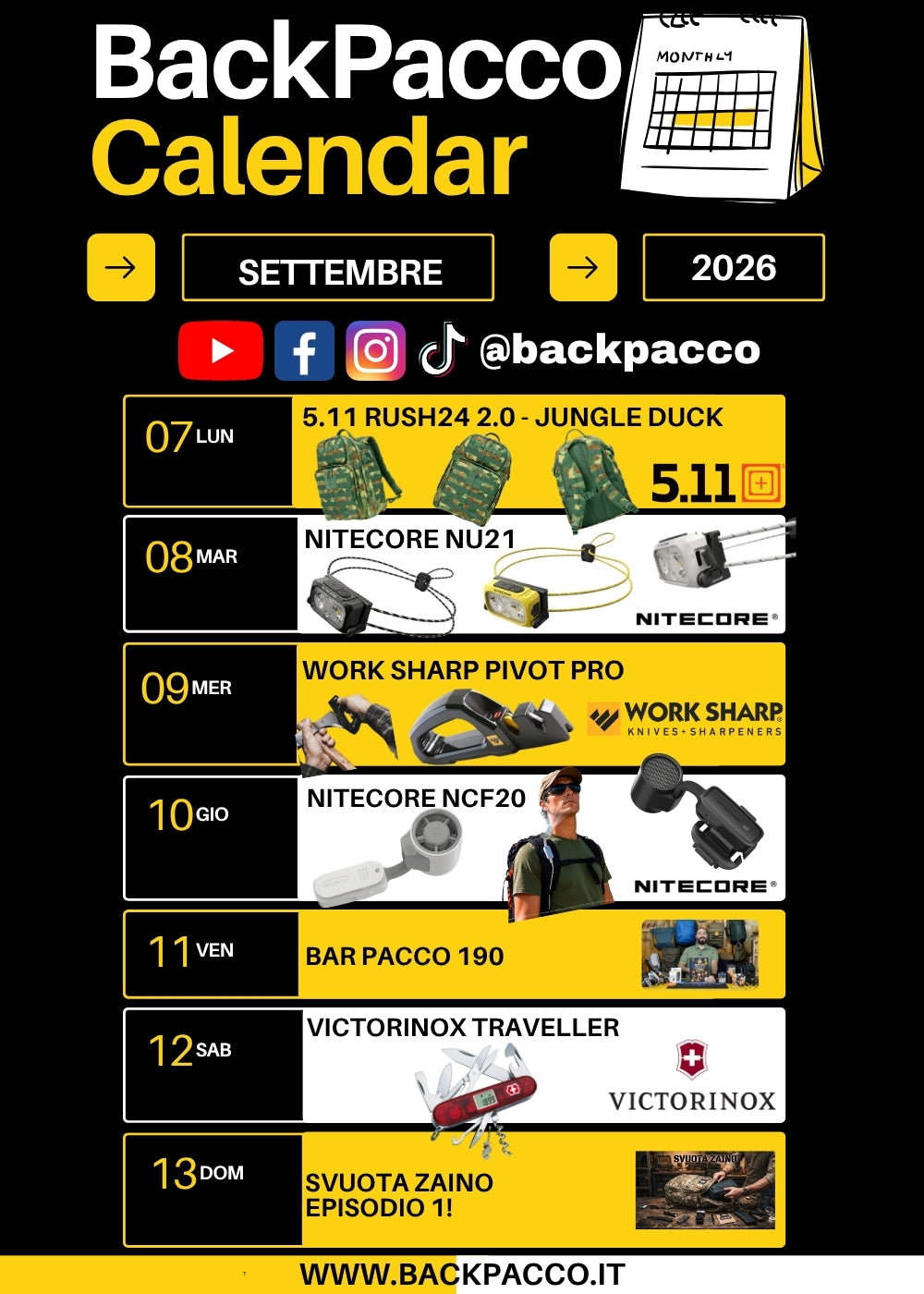 BackPacco Calendar Settembre 2026 programmazione settimanale dal 7 al 13 con 5.11 Rush24 2.0, Nitecore NU21 e NCF20, Work Sharp Pivot Pro, Victorinox Traveller, Bar Pacco 190 e Svuota Zaino