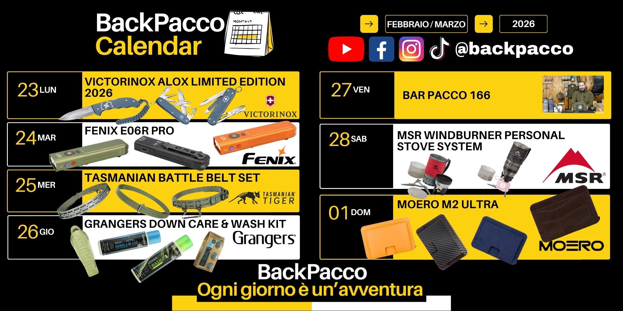 Bar Pacco 166 appuntamento video community. MSR WindBurner Personal stove system sistema di cottura rapida outdoor. Moero M2 Ultra portafoglio slim con protezione RFID e meccanismo di estrazione rapida delle carte. Calendario BackPacco Febbraio Marzo 2026.