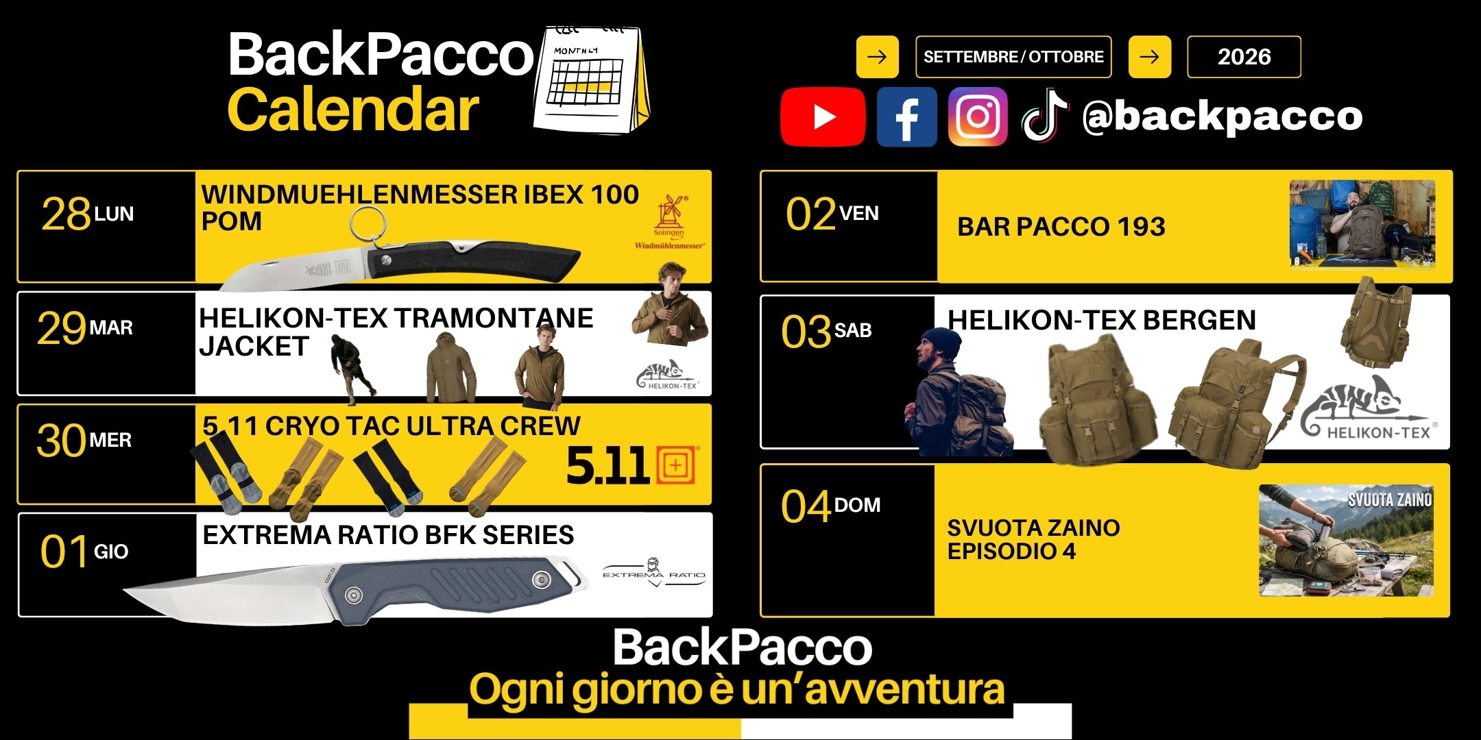 BackPacco Calendar Settembre Ottobre 2026 infografica programmazione uscite ed equipaggiamento outdoor con coltello Windmuehlenmesser Ibex 100 POM, giacca Helikon-Tex Tramontane, calze 5.11 Cryo Tac Ultra Crew, coltello Extrema Ratio BFK Series, zaino Helikon-Tex Bergen, Bar Pacco 193 e Svuota Zaino 4.