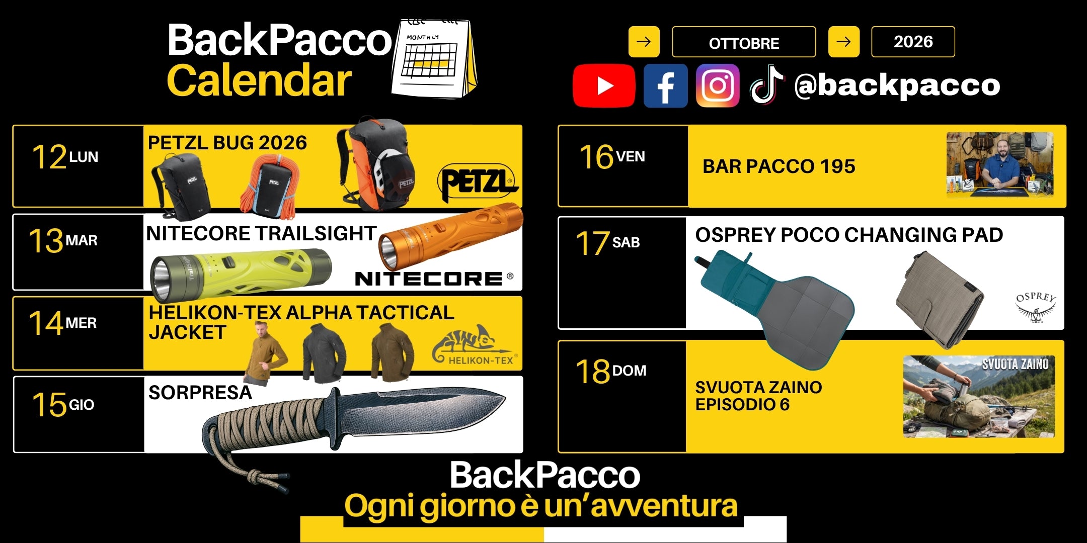 BackPacco Calendar Ottobre 2026 infografica programmazione settimanale con zaino Petzl Bug 2026, torcia Nitecore TrailSight, giacca Helikon-Tex Alpha Tactical, coltello a lama fissa, puntata Bar Pacco 195, fasciatoio Osprey Poco Changing Pad e video Svuota Zaino episodio 6