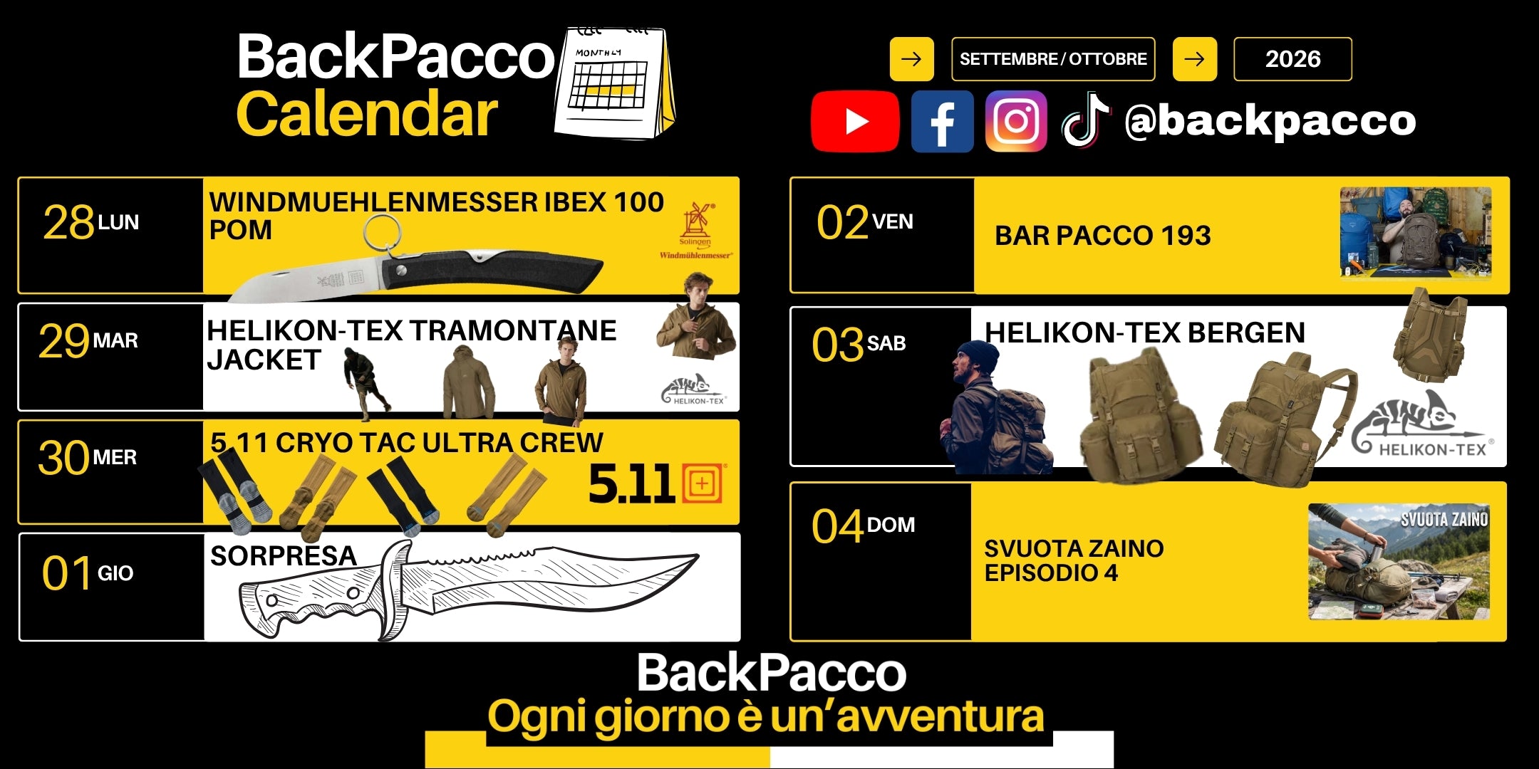 BackPacco Calendar Settembre Ottobre 2026 infografica programmazione uscite ed equipaggiamento outdoor con coltello Windmuehlenmesser Ibex 100 POM, giacca Helikon-Tex Tramontane, calze 5.11 Cryo Tac Ultra Crew, zaino Helikon-Tex Bergen e rubriche Bar Pacco e Svuota Zaino