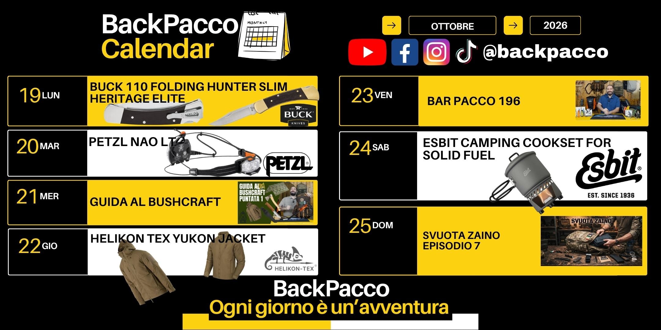 BackPacco Calendar Ottobre 2026 infografica programmazione settimanale con coltello Buck 110 Folding Hunter Slim Heritage Elite, lampada frontale Petzl Nao RL, giacca Helikon-Tex Yukon, gavetta Esbit Camping Cookset e rubriche video Bar Pacco, Guida al Bushcraft e Svuota Zaino Backpacco.it