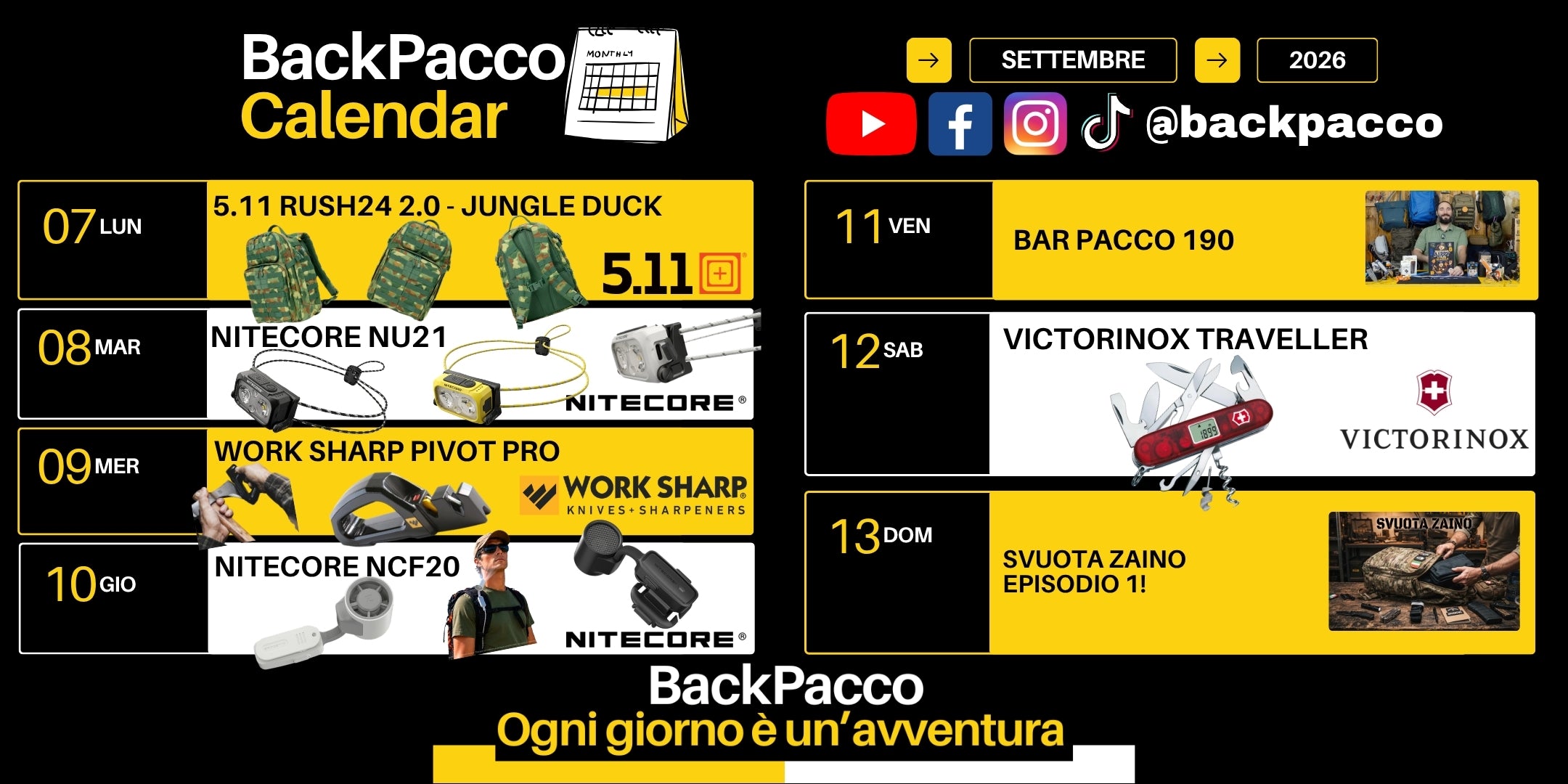 BackPacco Calendar Settembre 2026 programmazione settimanale dal 7 al 13 con 5.11 Rush24 2.0, Nitecore NU21 e NCF20, Work Sharp Pivot Pro, Victorinox Traveller, Bar Pacco 190 e Svuota Zaino