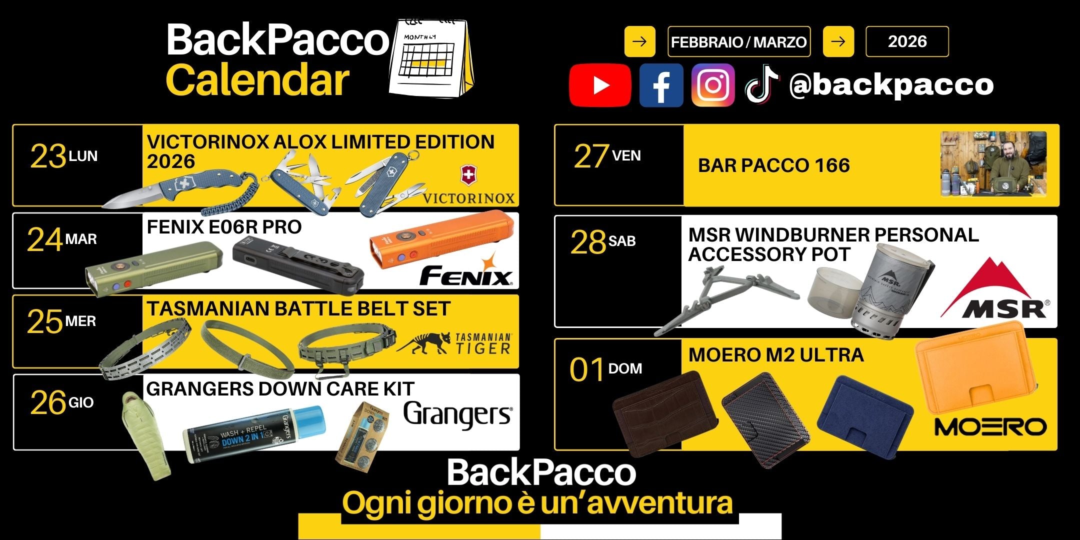 Bar Pacco 166 appuntamento video community. MSR WindBurner Personal Accessory Pot pentolino accessorio per sistema di cottura rapida outdoor. Moero M2 Ultra portafoglio slim con protezione RFID e meccanismo di estrazione rapida delle carte. Calendario BackPacco Febbraio Marzo 2026.