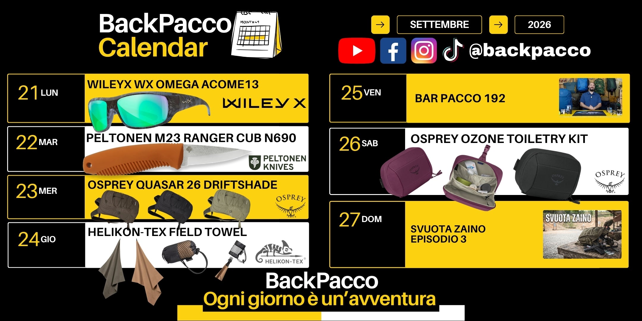 BackPacco Calendar Settembre 2026 infografica settimanale con occhiali balistici Wiley X WX Omega, coltello Peltonen M23 Ranger Cub N690, zaino Osprey Quasar 26 Driftshade, asciugamano Helikon-Tex Field Towel, trousse Osprey Ozone Toiletry Kit e rubriche video Bar Pacco 192 e Svuota Zaino Episodio 3