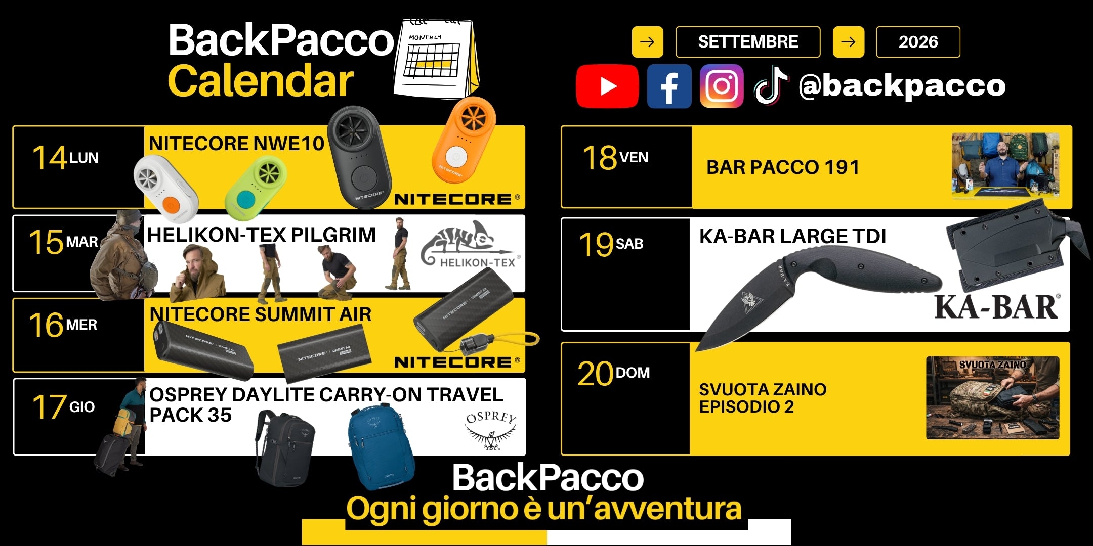 BackPacco Calendar Settembre 2026 con programmazione settimanale di equipaggiamento outdoor ed EDC tra cui Nitecore NWE10, Helikon-Tex Pilgrim, Nitecore Summit Air, Osprey Daylite Carry-On Travel Pack 35, Ka-Bar Large TDI e appuntamenti video Bar Pacco 191 e Svuota Zaino Episodio 2