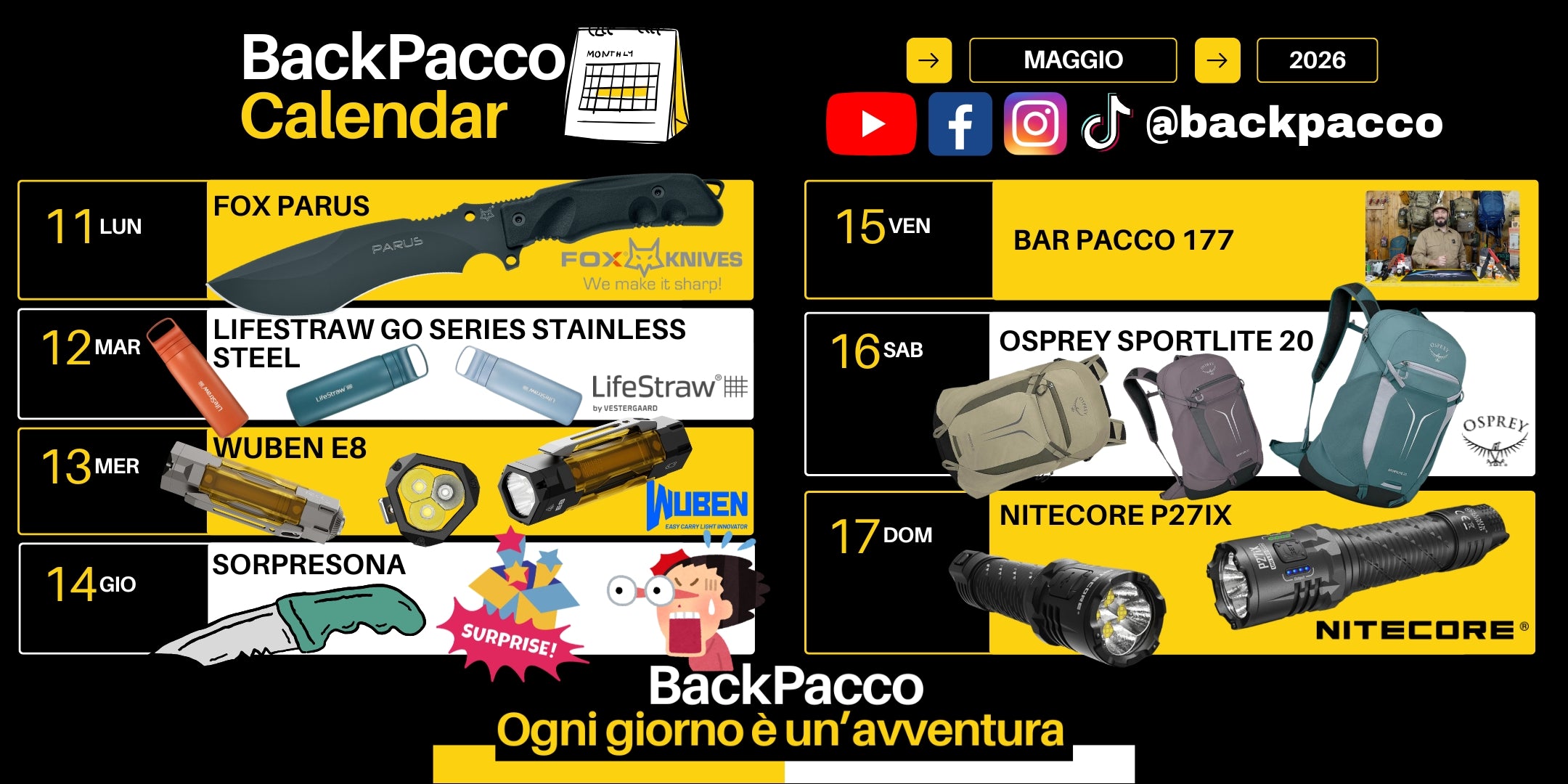 Calendario BackPacco Maggio 2026 con Fox Parus, LifeStraw Go Series Stainless Steel, Wuben E8, Osprey Sportlite 20, Nitecore P27iX e appuntamento Bar Pacco 177. Ogni giorno è un’avventura.