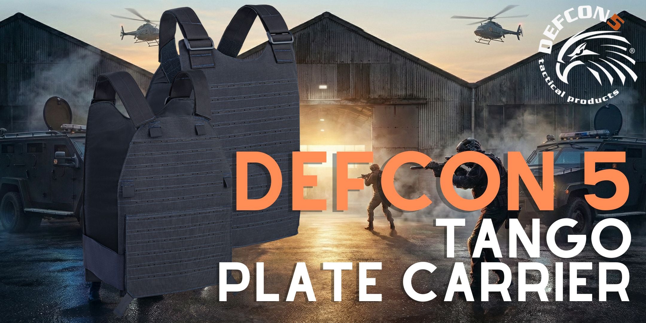 Defcon 5 Tango Plate Carrier. Gilet tattico in Nylon 1000D con sistema MOLLE laser cut anteriore e posteriore per piastre balistiche e accessori. Banner promozionale con ambientazione operativa militare.