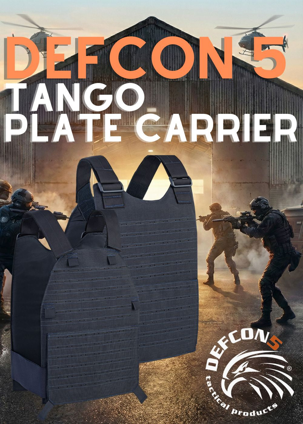 Defcon 5 Tango Plate Carrier. Gilet tattico in Nylon 1000D con sistema MOLLE laser cut anteriore e posteriore per piastre balistiche e accessori. Banner promozionale con ambientazione operativa militare.