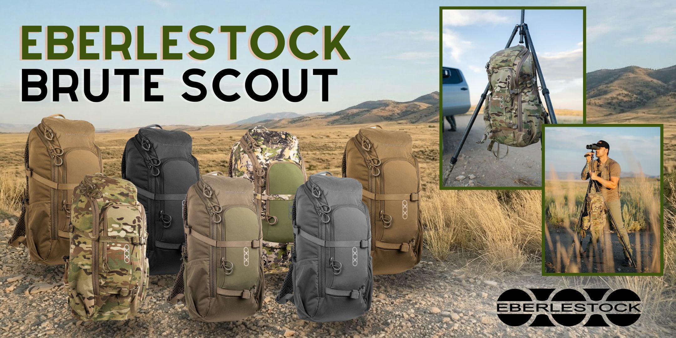 Eberlestock Brute Scout zaino tecnico modulare esposto in diverse varianti colore e pattern mimetici su sfondo outdoor montano. Dettaglio dello zaino appeso a un treppiede e utilizzato da un operatore per osservazione con ottiche. Ideale per caccia, scouting e attività tattiche.