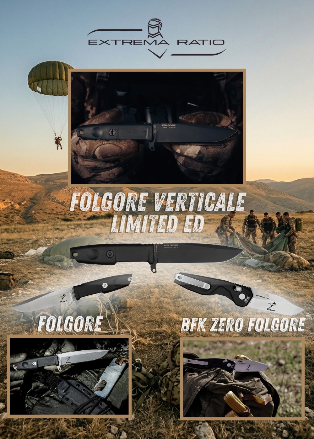Extrema Ratio serie Folgore e BFK Zero Folgore coltelli tattici militari con lama a punta drop point e impugnatura ergonomica in varie configurazioni fissa e chiudibile Limited Edition presentati su sfondo operativo outdoor con paracadutisti