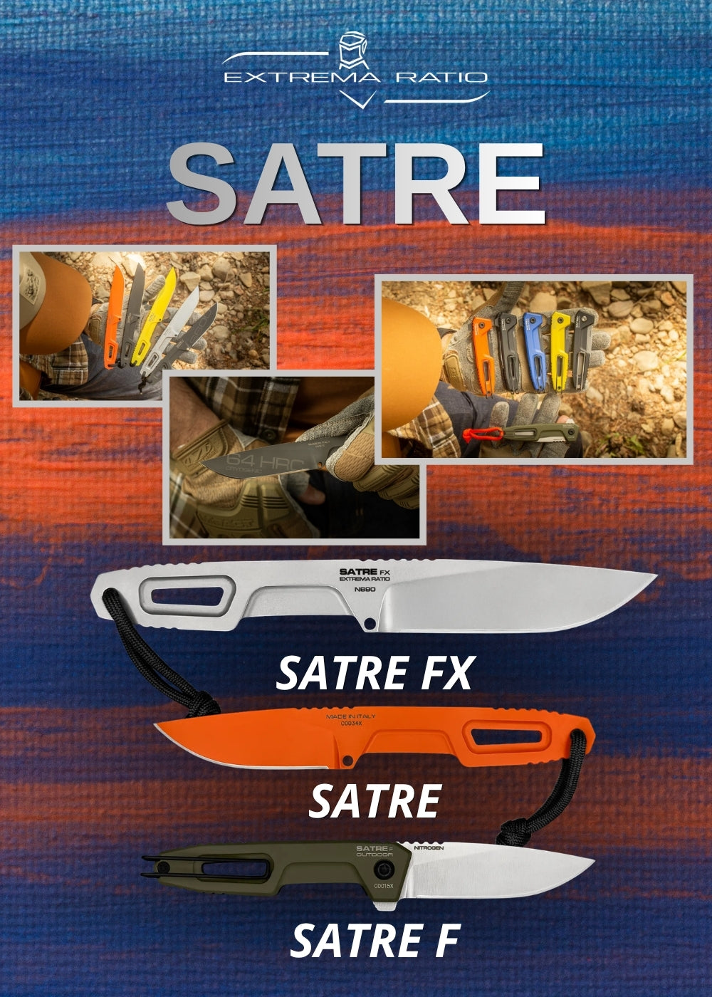Extrema Ratio Satre Series I coltelli tattici compatti ideati con Daniele Dal Canto, disponibili nelle versioni a lama fissa Satre e Satre FX e nel modello chiudibile Satre F. Strumenti EDC e survival d'eccellenza in vari acciai e colorazioni ad alta visibilità su Backpacco.it.