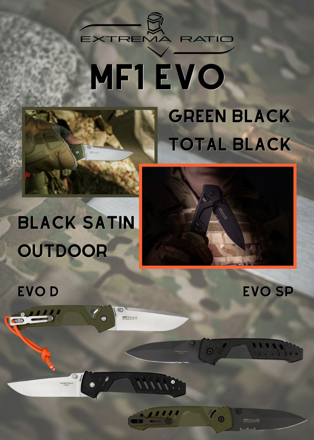 Extrema Ratio MF1 EVO Coltello chiudibile tattico versioni EVO D e EVO SP con finiture Black Satin Total Black, OUTDOOR e Green Black per uso outdoor e professionale