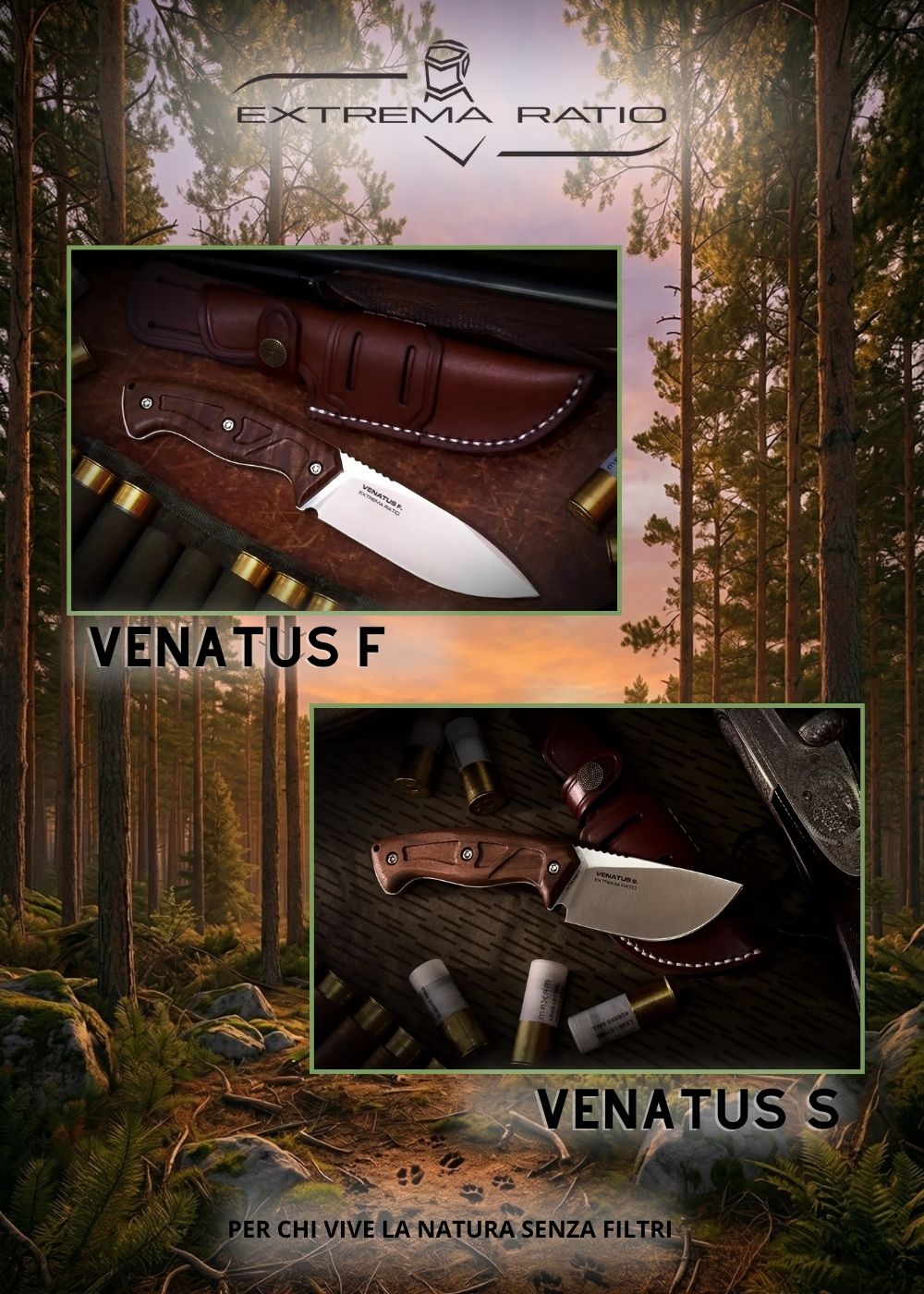 Extrema Ratio Venatus F e Venatus S coltelli da caccia a lama fissa con manici ergonomici e foderi in cuoio su sfondo boschivo con cervi al tramonto. Per chi vive la natura senza filtri.
