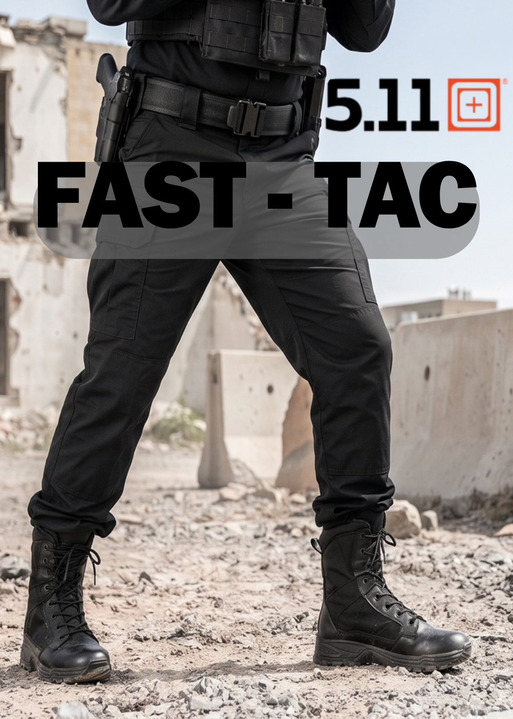 5.11 Tactical Fast-Tac  Boot anfibi tattici leggeri e traspiranti con tomaia in pelle e nylon resistente all'abrasione suola antiscivolo a trazione elevata indossati da un operatore con pantaloni cargo e assetto operativo su terreno sconnesso