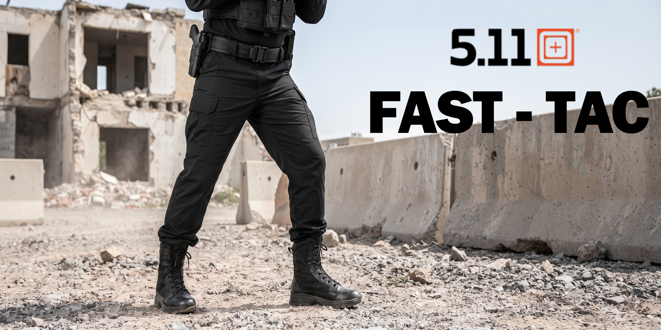 5.11 Tactical Fast-Tac  Boot anfibi tattici leggeri e traspiranti con tomaia in pelle e nylon resistente all'abrasione suola antiscivolo a trazione elevata indossati da un operatore con pantaloni cargo e assetto operativo su terreno sconnesso