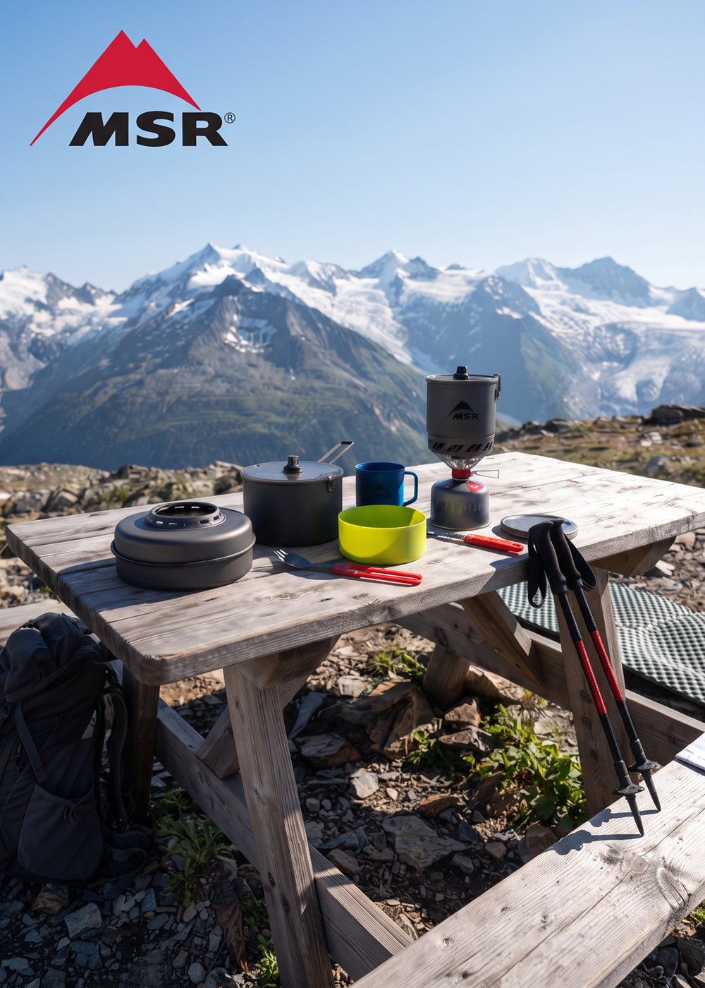MSR WindBurner e pentole da trekking set fornello da campeggio antivento pentola stoviglie e posate su tavolo da picnic in legno con vista panoramica sulle montagne alpine logo MSR in alto a sinistra