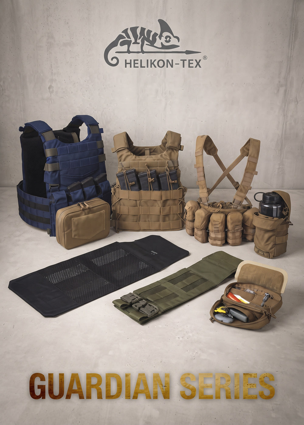 Helikon-Tex Guardian Series panoramica equipaggiamento tattico modulare con plate carrier, chest rig, tasche portacaricatori, portaborraccia, pouch organizer e fascioni cummerbund con attacchi MOLLE