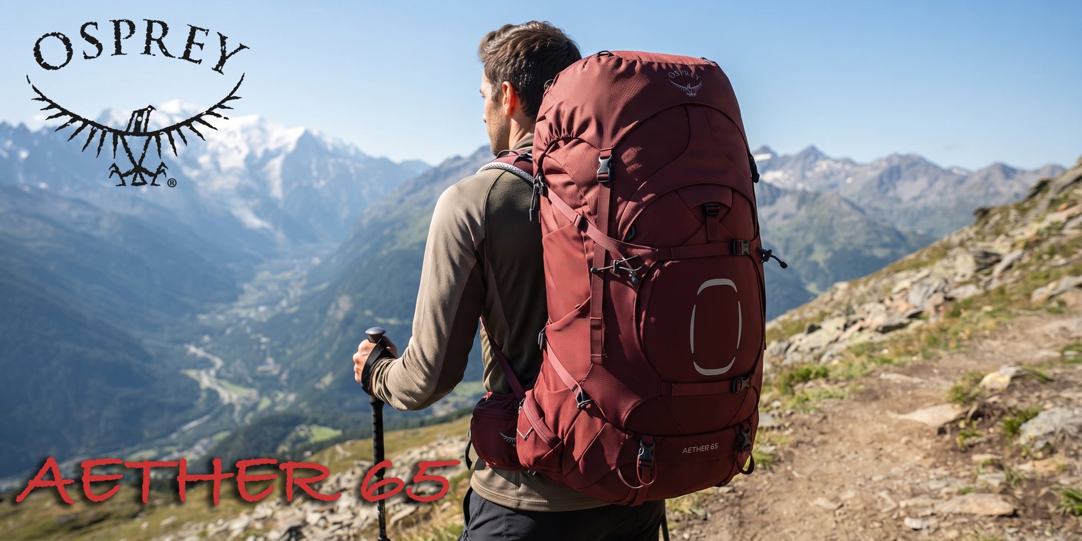 Osprey Aether 65 zaino tecnico da trekking e backpacking per carichi pesanti con cinghie di compressione e schienale ergonomico, indossato da un escursionista lungo un sentiero panoramico di alta montagna.