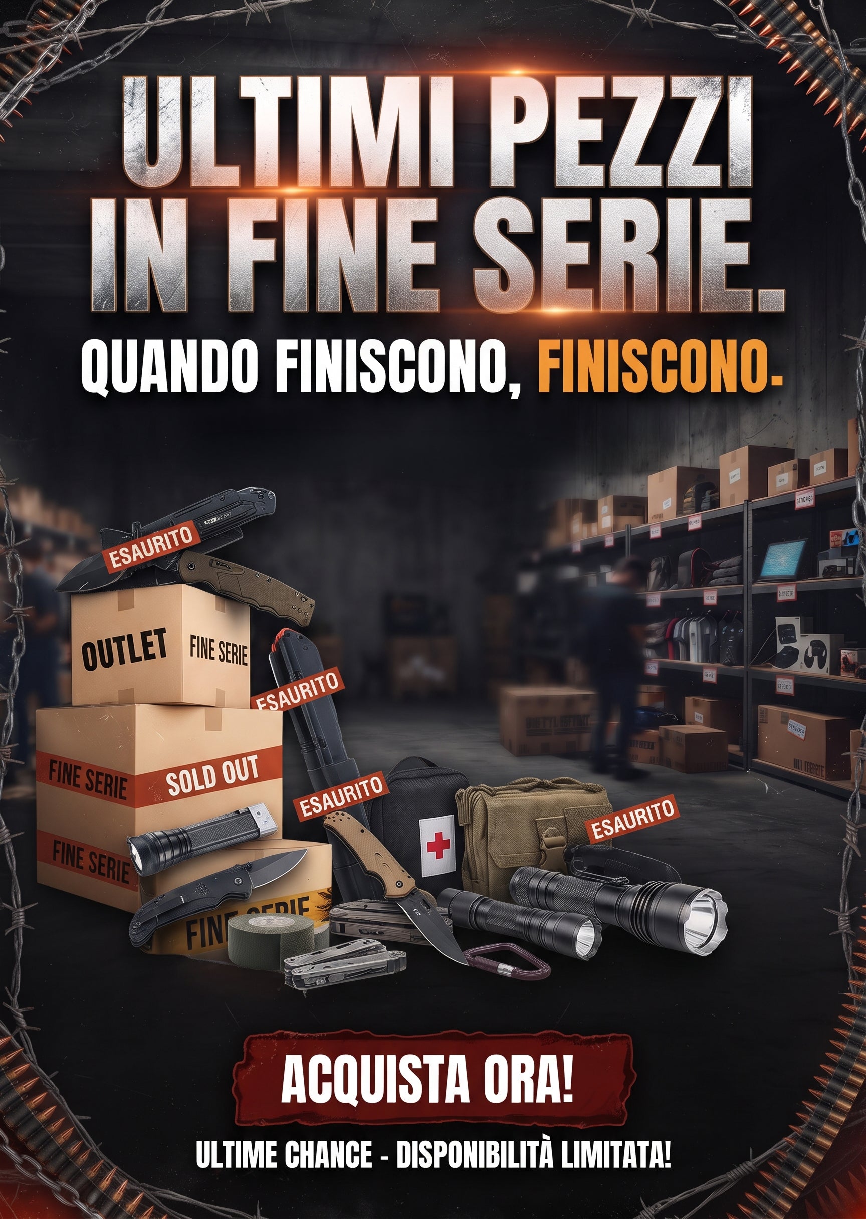 Backpacco Ultimi Pezzi Fine Serie banner promozionale orizzontale con coltelli torce multiuso e attrezzatura tattica in magazzino. Promozione su articoli in esaurimento con disponibilità limitata acquista ora.