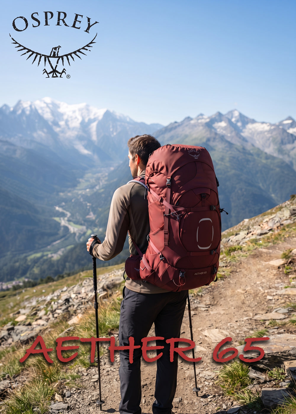 Osprey Aether 65 zaino tecnico da trekking e backpacking per carichi pesanti con cinghie di compressione e schienale ergonomico, indossato da un escursionista lungo un sentiero panoramico di alta montagna.