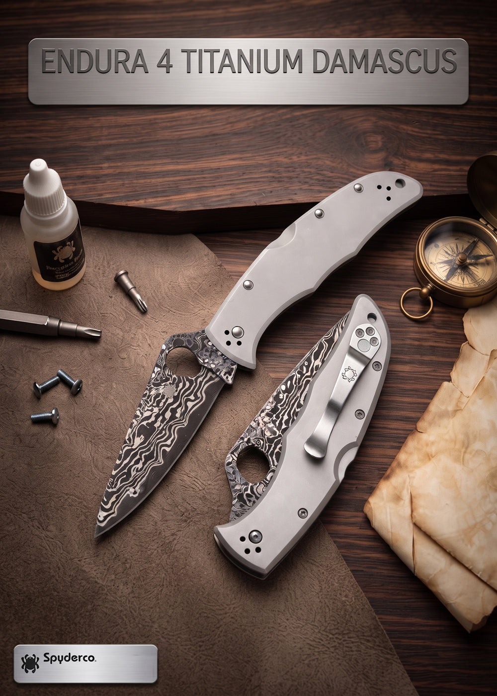 Spyderco Endura 4 Titanium Damascus coltello chiudibile con lama in acciaio damasco foro SpyderHole blocco back lock impugnatura in titanio con clip da tasca reversibile e accessori di manutenzione per collezionismo ed EDC