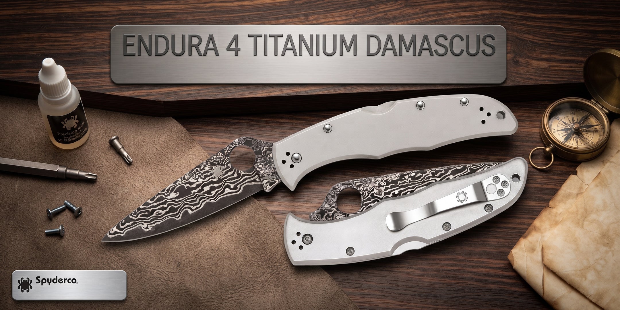 Spyderco Endura 4 Titanium Damascus coltello chiudibile con lama in acciaio damasco foro SpyderHole blocco back lock impugnatura in titanio con clip da tasca reversibile e accessori di manutenzione per collezionismo ed EDC