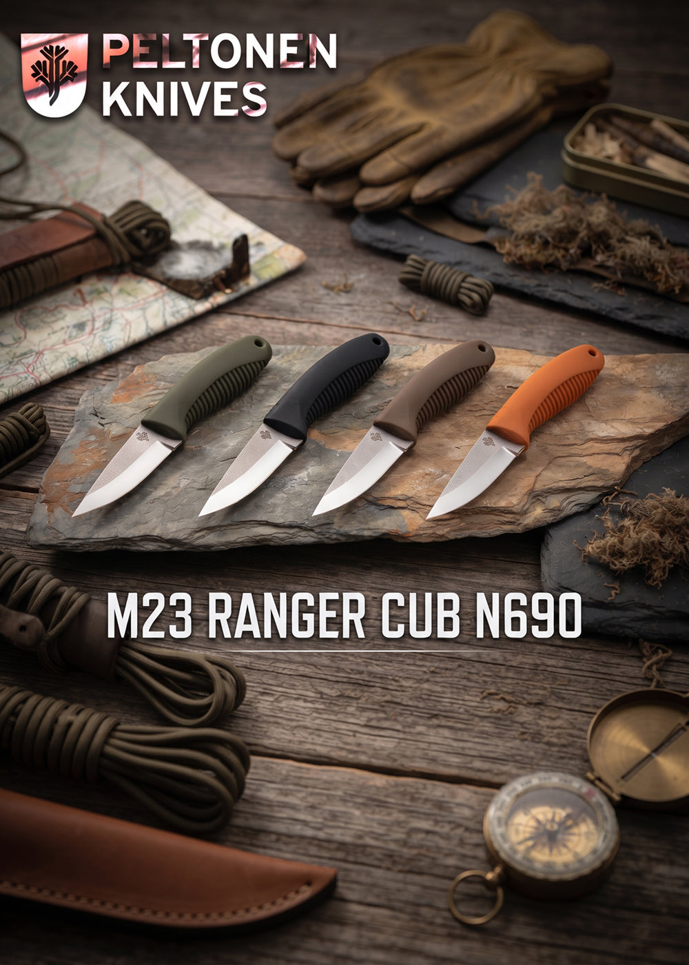 Peltonen Knives M23 Ranger Cub N690 coltello da bushcraft a lama fissa in acciaio inossidabile Bohler N690 con arrotatura scandi, impugnatura ergonomica scanalata e foro per cordino, ideale per intaglio del legno, compiti di precisione, escursionismo e sopravvivenza all'aperto.