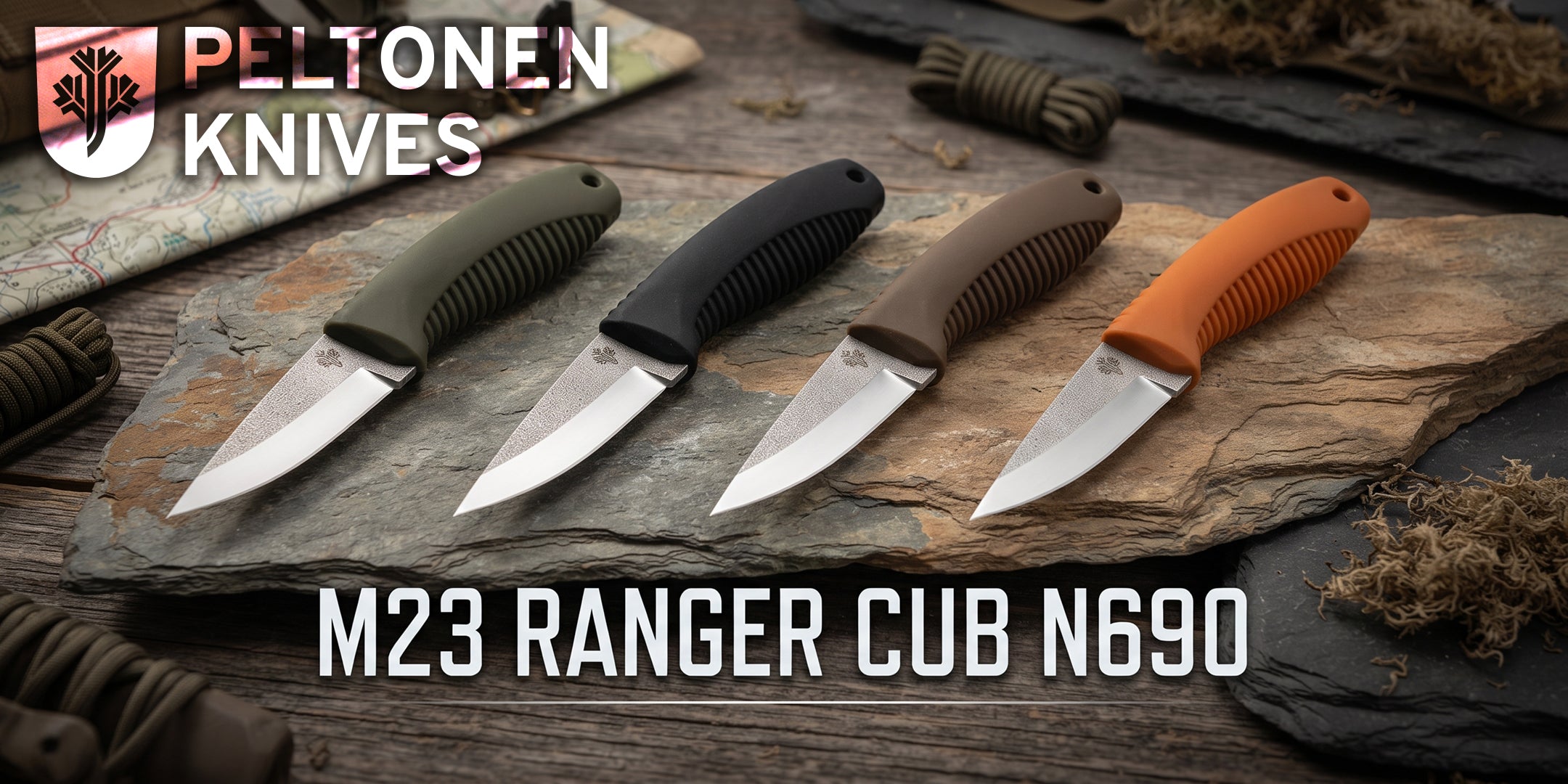 Peltonen Knives M23 Ranger Cub N690 coltello da bushcraft a lama fissa in acciaio inossidabile Bohler N690 con arrotatura scandi, impugnatura ergonomica scanalata e foro per cordino, ideale per intaglio del legno, compiti di precisione, escursionismo e sopravvivenza all'aperto.