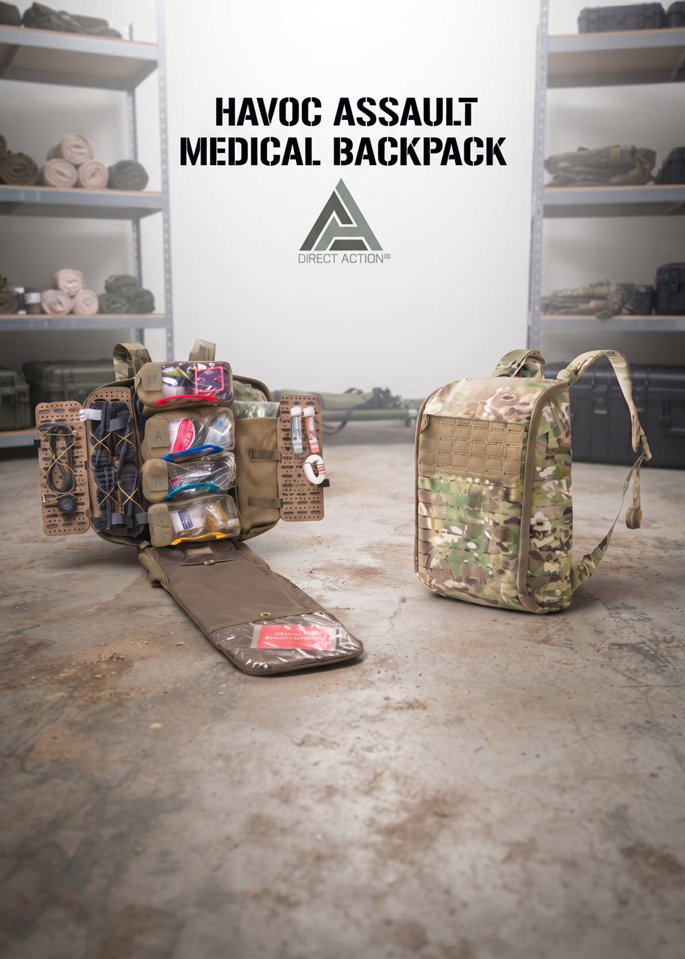 Direct Action Havoc Assault Medical Backpack zaino medico tattico con apertura a conchiglia completa, pannelli interni modulari con tasche trasparenti MARCH, passanti elastici e tagli laser MOLLE esterni, ideale per soccorso operativo, TCCC e primo soccorso