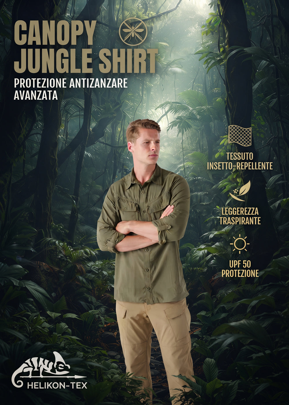 Helikon-Tex Canopy Jungle Shirt camicia outdoor con protezione antizanzare avanzata in tessuto insetto-repellente leggero e traspirante con protezione solare UPF 50 ideale per escursioni e clima tropicale.