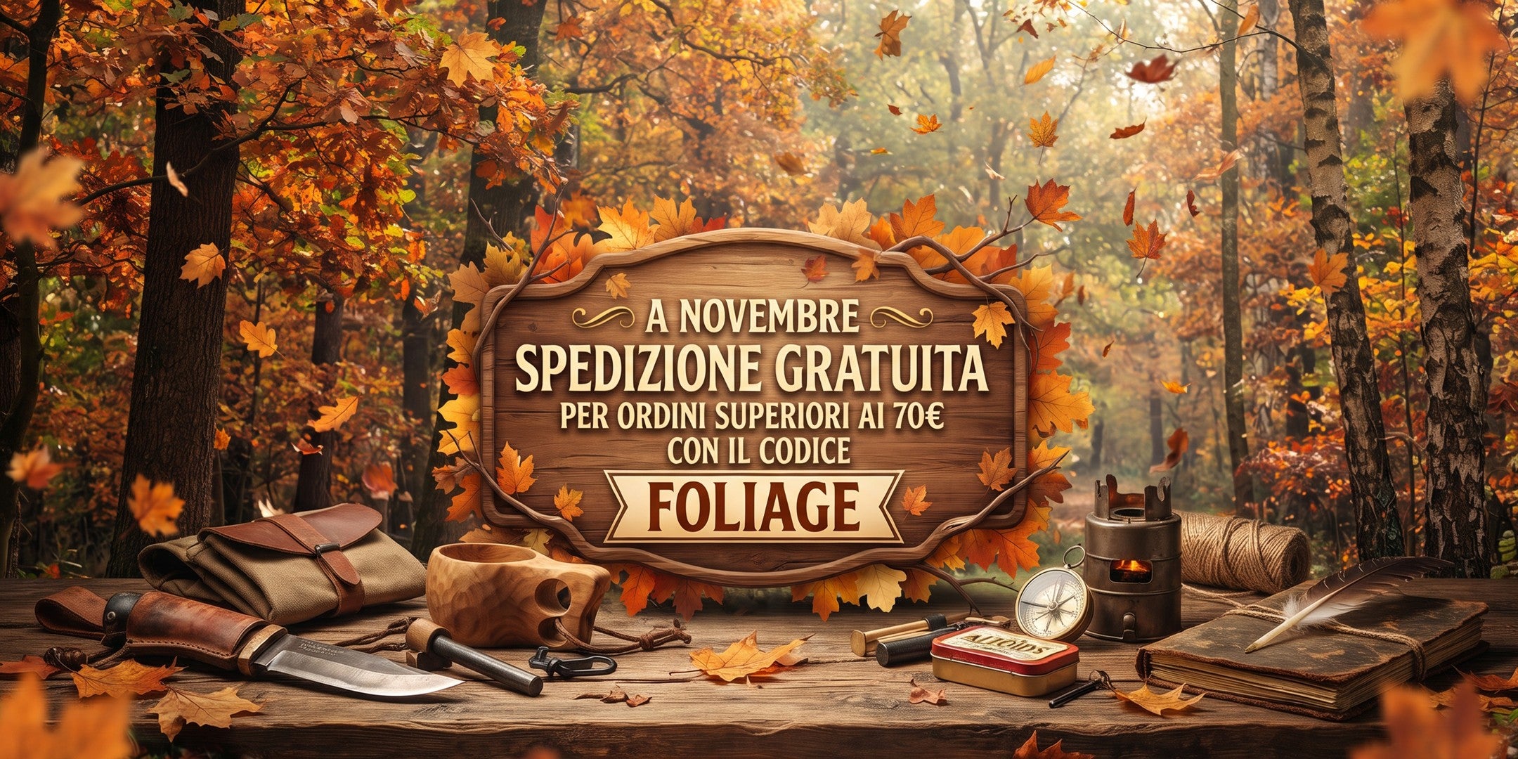 Backpacco Promozione Novembre attrezzatura bushcraft e outdoor con coltello a lama fissa acciarino tazza kuksa in legno bussola e fornello da campo in un bosco autunnale per la promo spedizione gratuita sopra i 70 euro con codice sconto FOLIAGE
