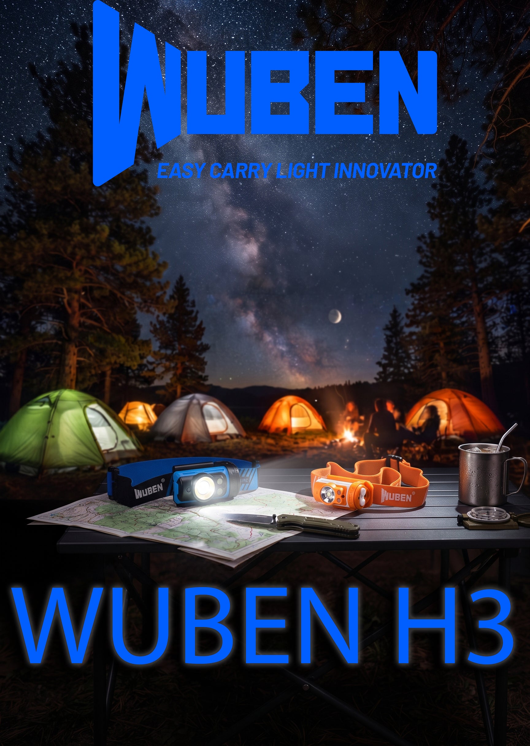 WUBEN H3 Torcia frontale da 120 lumen in funzione su un tavolo da campo, illumina una mappa topografica accanto a coltello e bussola. Equipaggiamento outdoor essenziale per orientamento notturno, campeggio e vita da campo.