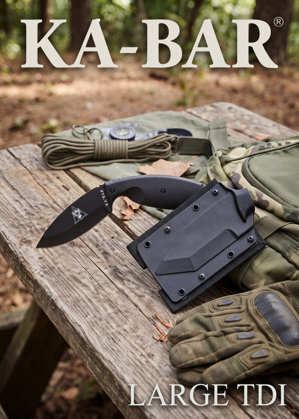 KA-BAR Large TDI coltello tattico a lama fissa sagomata con impugnatura a pistola e fodero rigido sagomato con clip, posizionato su tavolo da campo in legno accanto a zaino militare ed equipaggiamento outdoor