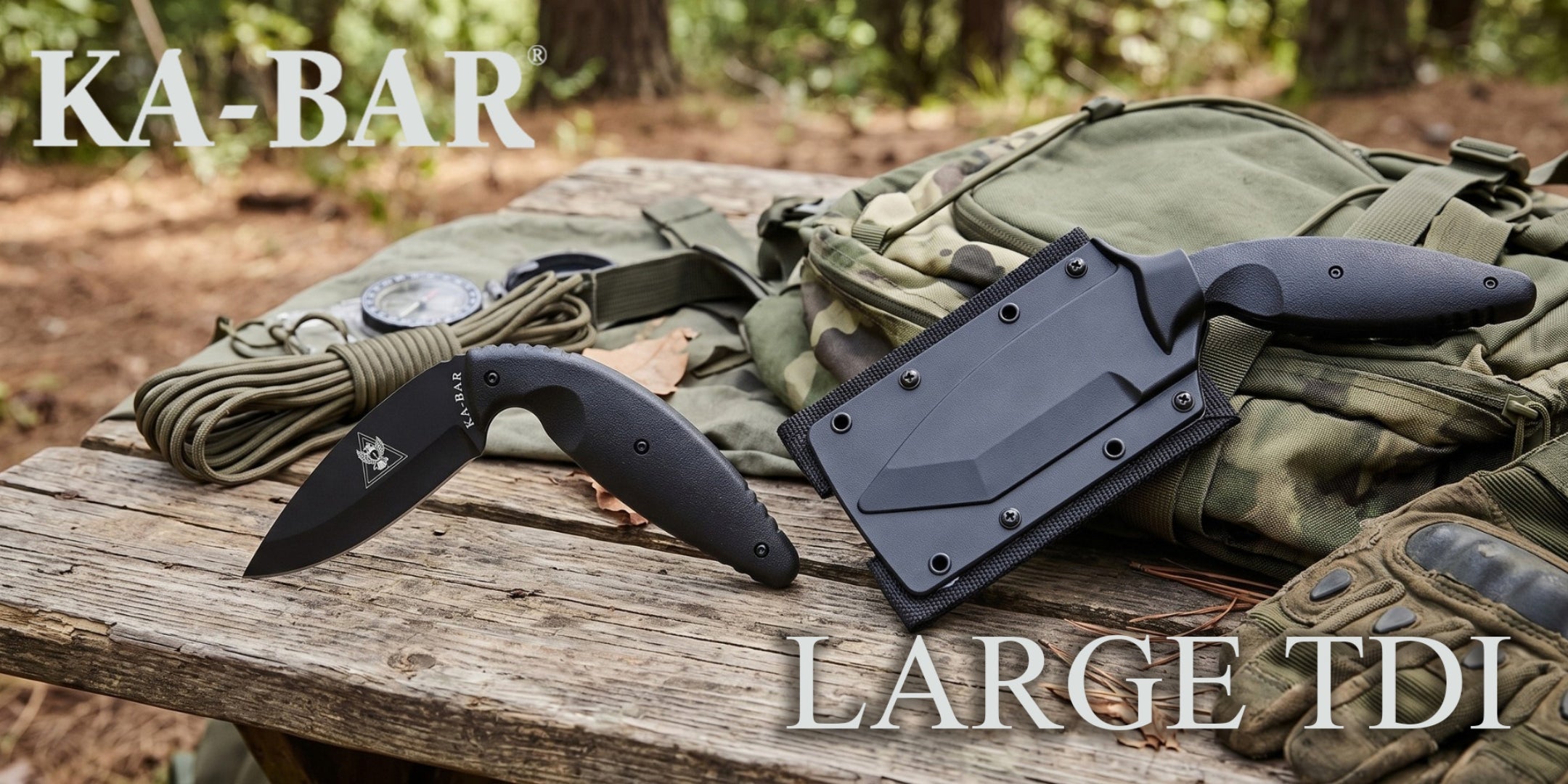 KA-BAR Large TDI coltello tattico a lama fissa sagomata con impugnatura a pistola e fodero rigido sagomato con clip, posizionato su tavolo da campo in legno accanto a zaino militare ed equipaggiamento outdoor
