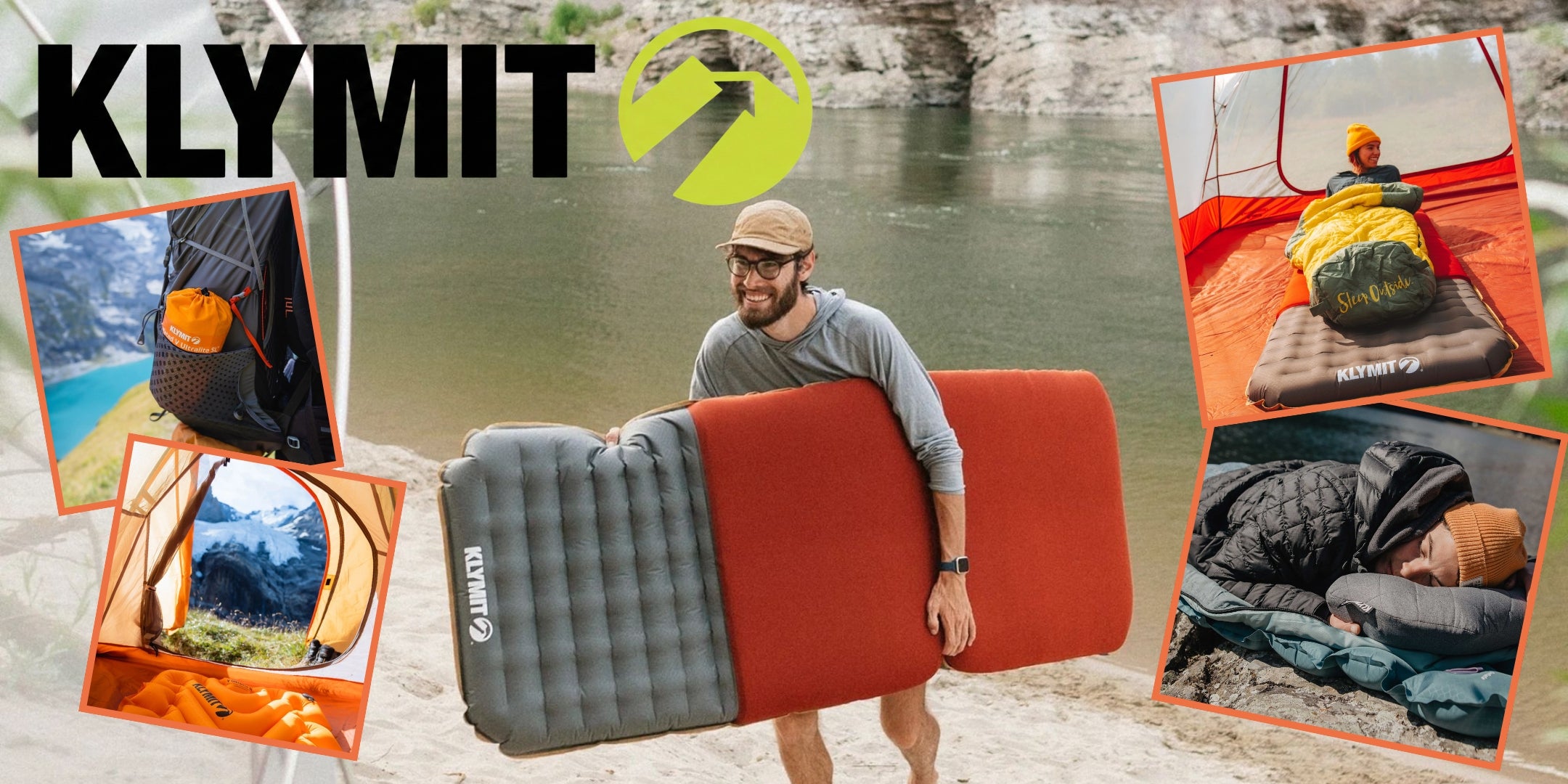 Klymit Banner promozionale orizzontale per attrezzatura da campeggio composto da un collage di immagini con uomo che trasporta un materassino gonfiabile vicino a un fiume scene di microscatti in tenda con sacco a pelo cuscino e zaino da trekking sovrastate dal grande logo ufficiale del brand