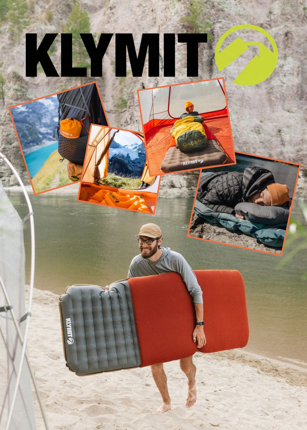 Klymit Banner promozionale orizzontale per attrezzatura da campeggio composto da un collage di immagini con uomo che trasporta un materassino gonfiabile vicino a un fiume scene di microscatti in tenda con sacco a pelo cuscino e zaino da trekking sovrastate dal grande logo ufficiale del brand