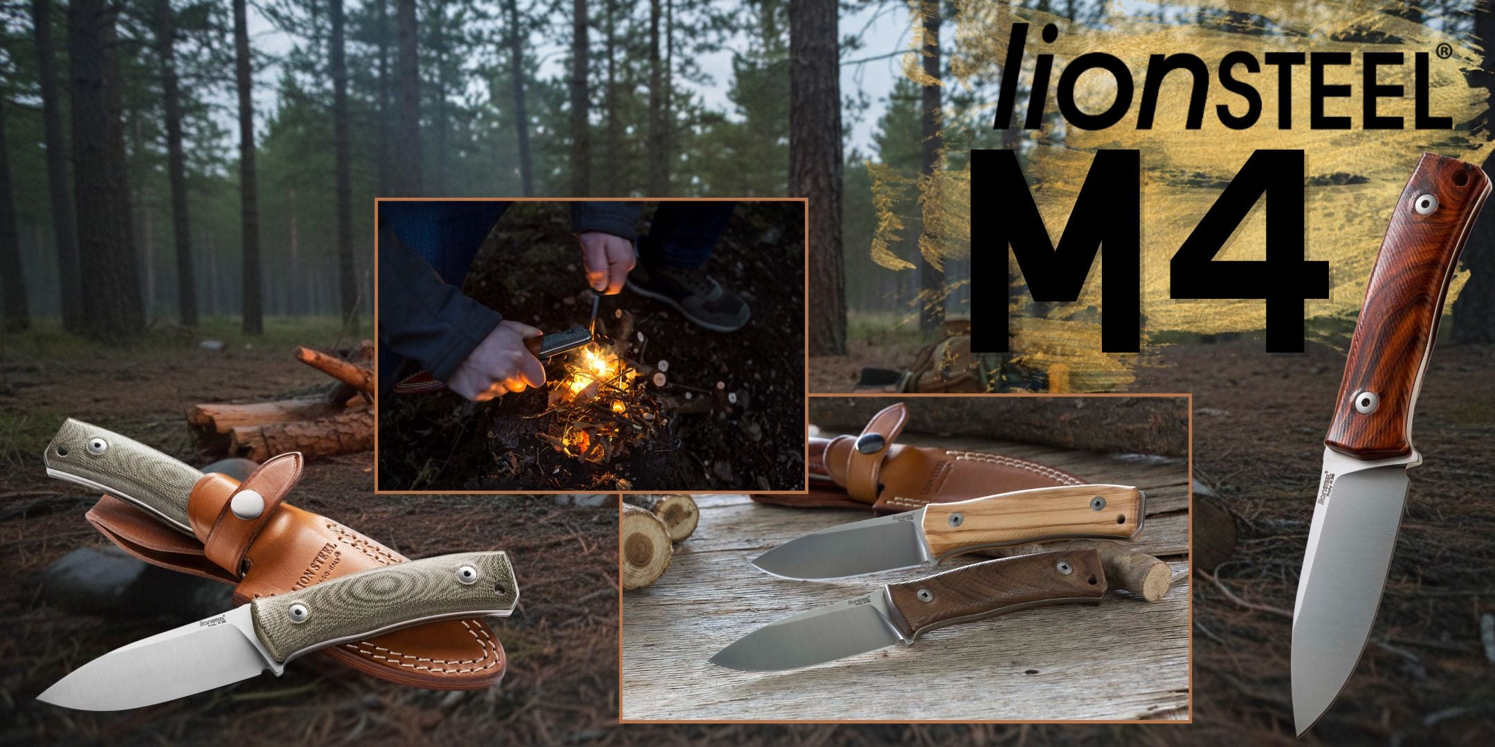 LionSteel Promo Banner. Banner pubblicitario ambientato in una foresta dedicato al coltello a lama fissa LIONSTEEL M4. La composizione grafica presenta il logo del brand e diverse varianti del prodotto con manicature in legno e Micarta, affiancate dai foderi in cuoio. Un riquadro centrale mostra il coltello in azione durante l'accensione di un fuoco con acciarino, evidenziandone l'uso bushcraft.