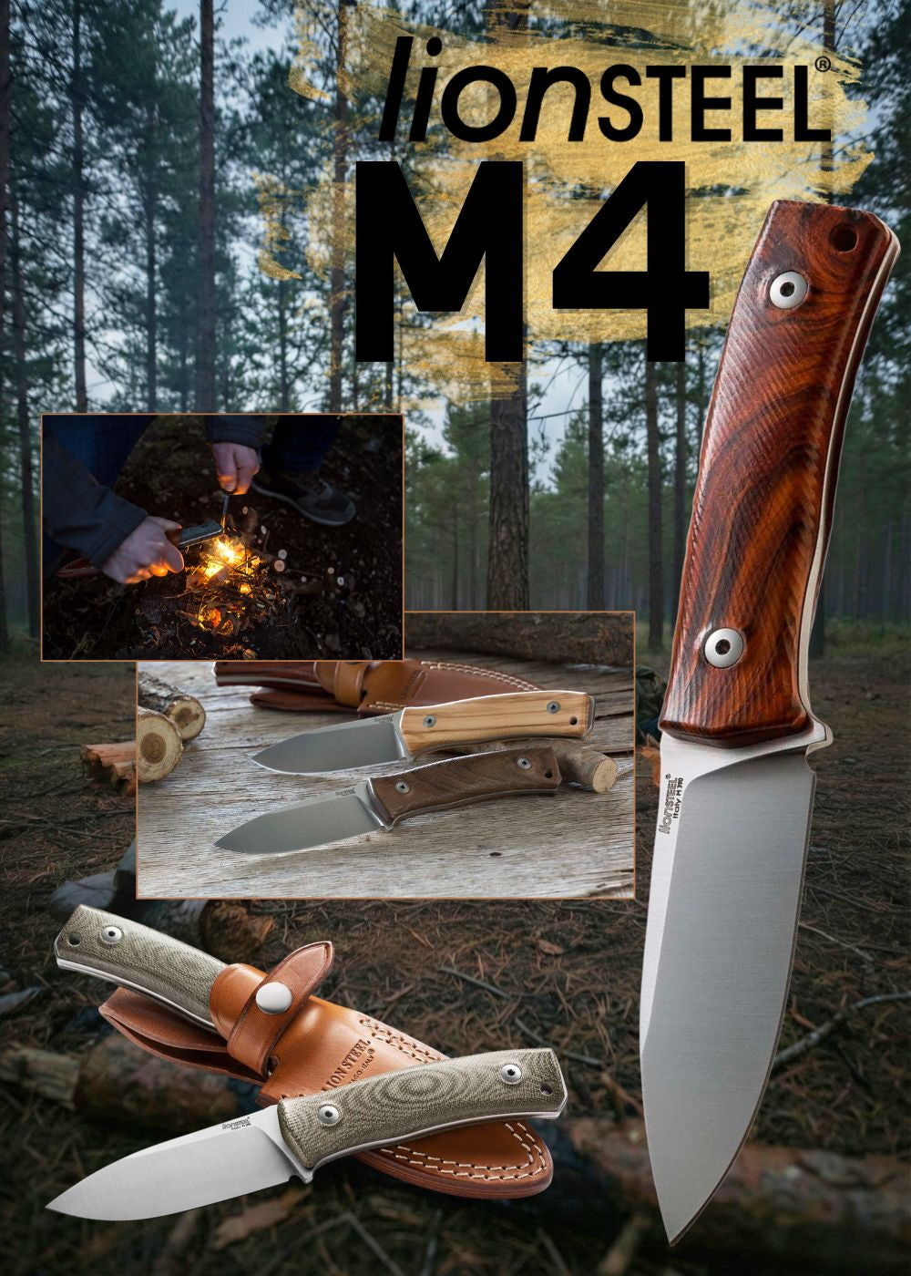 LionSteel Promo Banner. Banner pubblicitario ambientato in una foresta dedicato al coltello a lama fissa LIONSTEEL M4. La composizione grafica presenta il logo del brand e diverse varianti del prodotto con manicature in legno e Micarta, affiancate dai foderi in cuoio. Un riquadro centrale mostra il coltello in azione durante l'accensione di un fuoco con acciarino, evidenziandone l'uso bushcraft.