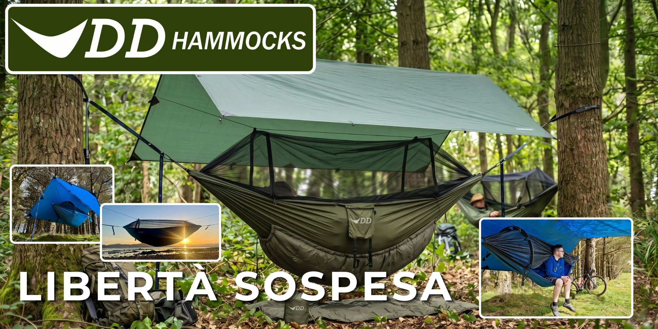 Amaca DD Hammocks con zanzariera e telo tarp protettivo montati tra gli alberi in un bosco. Grafica promozionale con testo Liberta Sospesa e riquadri laterali che mostrano l'amaca in diversi contesti di campeggio, bushcraft e cicloturismo.